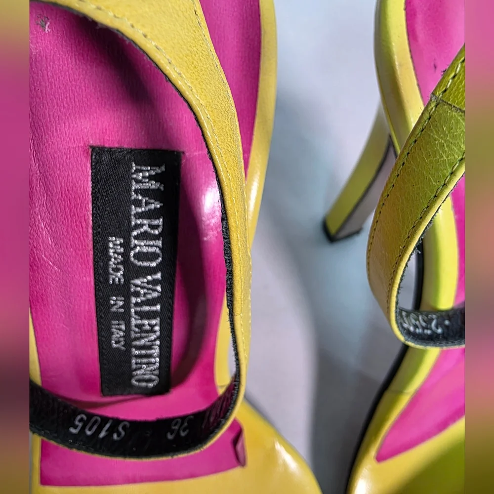 Mario Valentino Italy Zebra Print Calf Hair & Lime Green Leather Heel Sandals